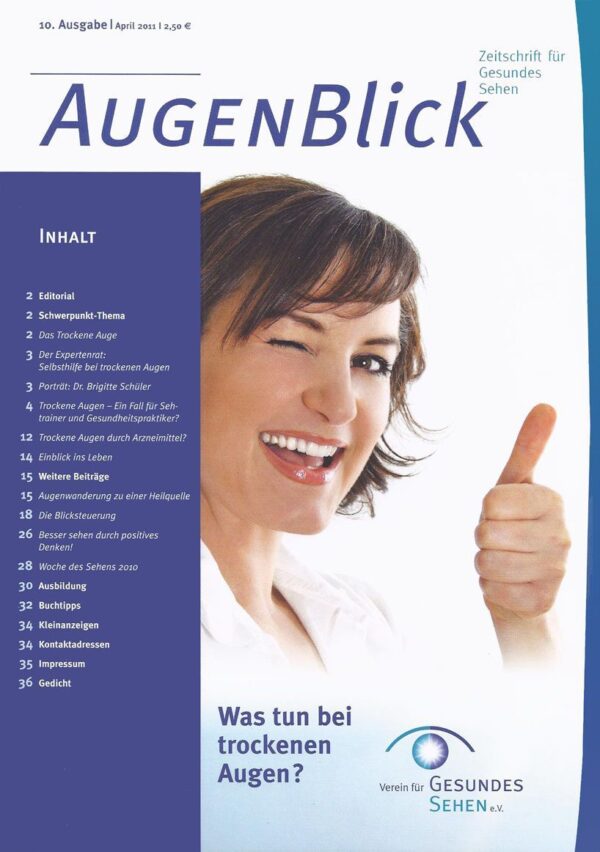 Titelseite Augenblick_Nr_10 zeigt eine lächelnde Frau mit Daumen hoch. Was tun bei Trockenen Augen?