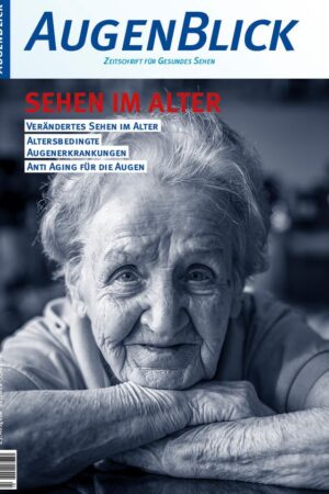 Titelseite Augenblick Nr 25 ; Ausgabe 01/2019 Es zeigt eine alte Frau mit faltigem Gesicht. Sehen im Alter Verein für GESUNDES SEHEN e.V.