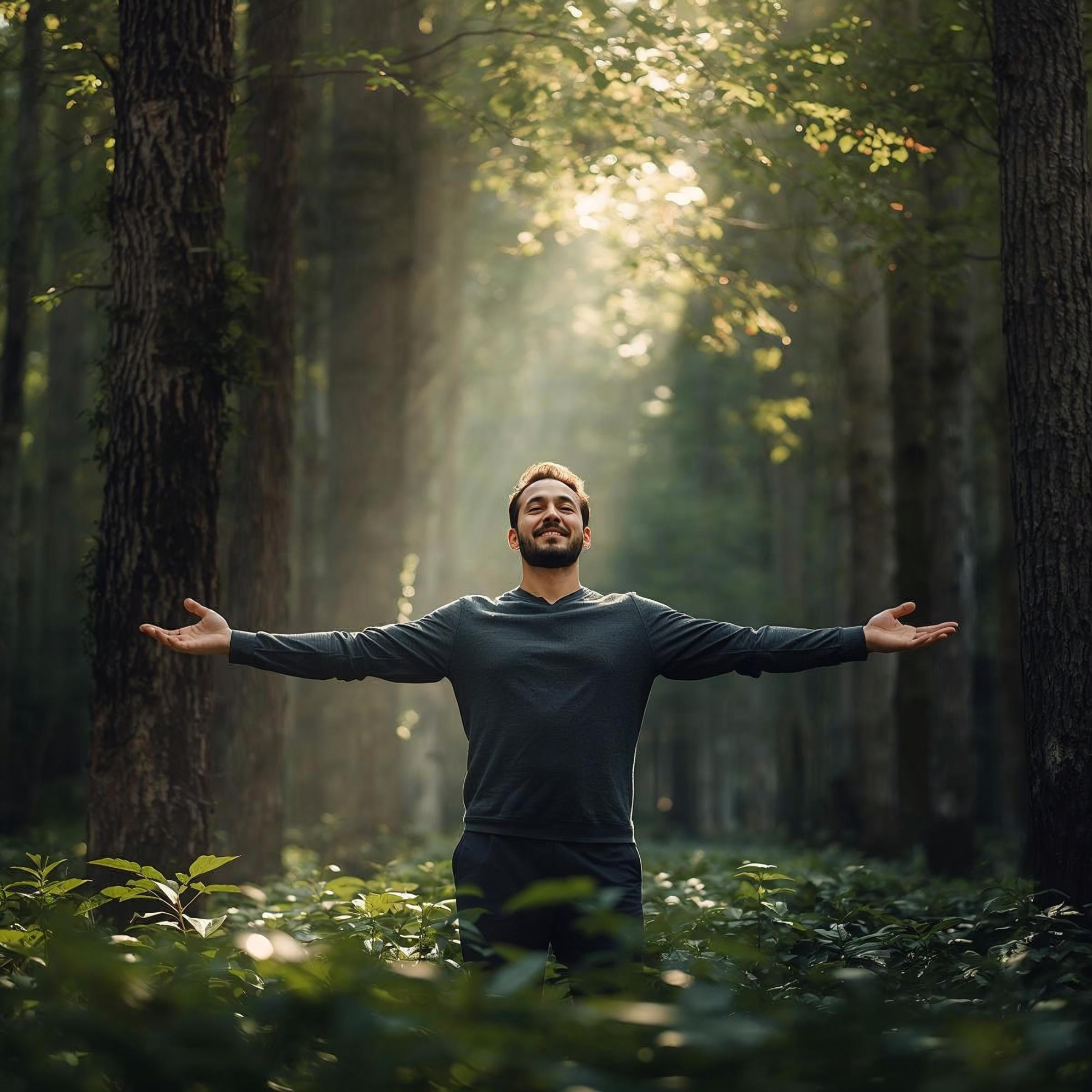 Mann im Wald, der die Arme ausbreitet